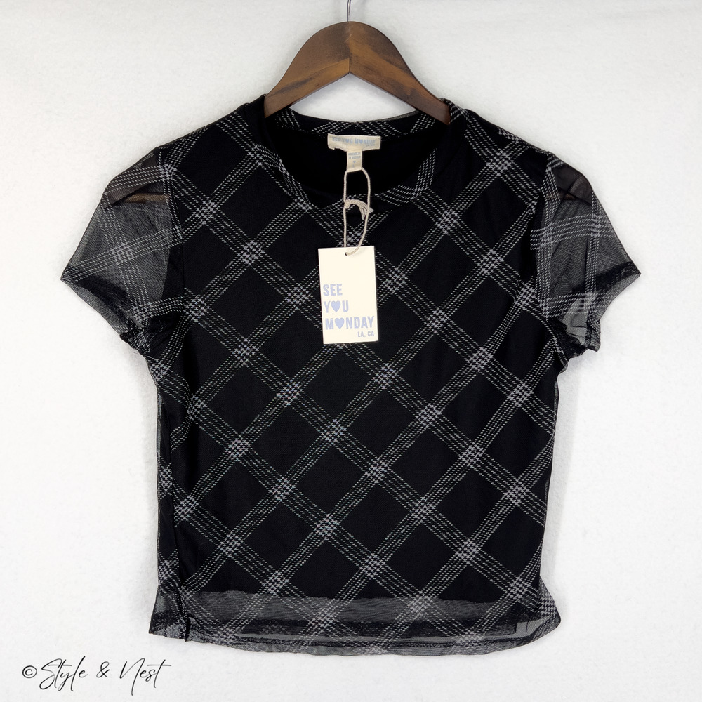 Women's Y2K Grunge Cropped Babydoll Tartan Rave Sheer Trim Tee Size Large